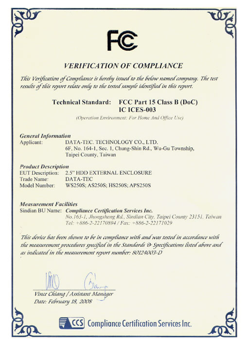 FCC Certificate